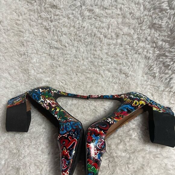Dollhouse Graffiti print multi color ankle strap heels back zipper  SZ9 - Picture 6 of 13